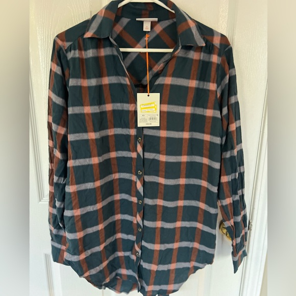 🔵 1) Long Sleeve Button-Down Tunic Shirt Knox Rose oversized Plaid XS NWT - Picture 2 of 6